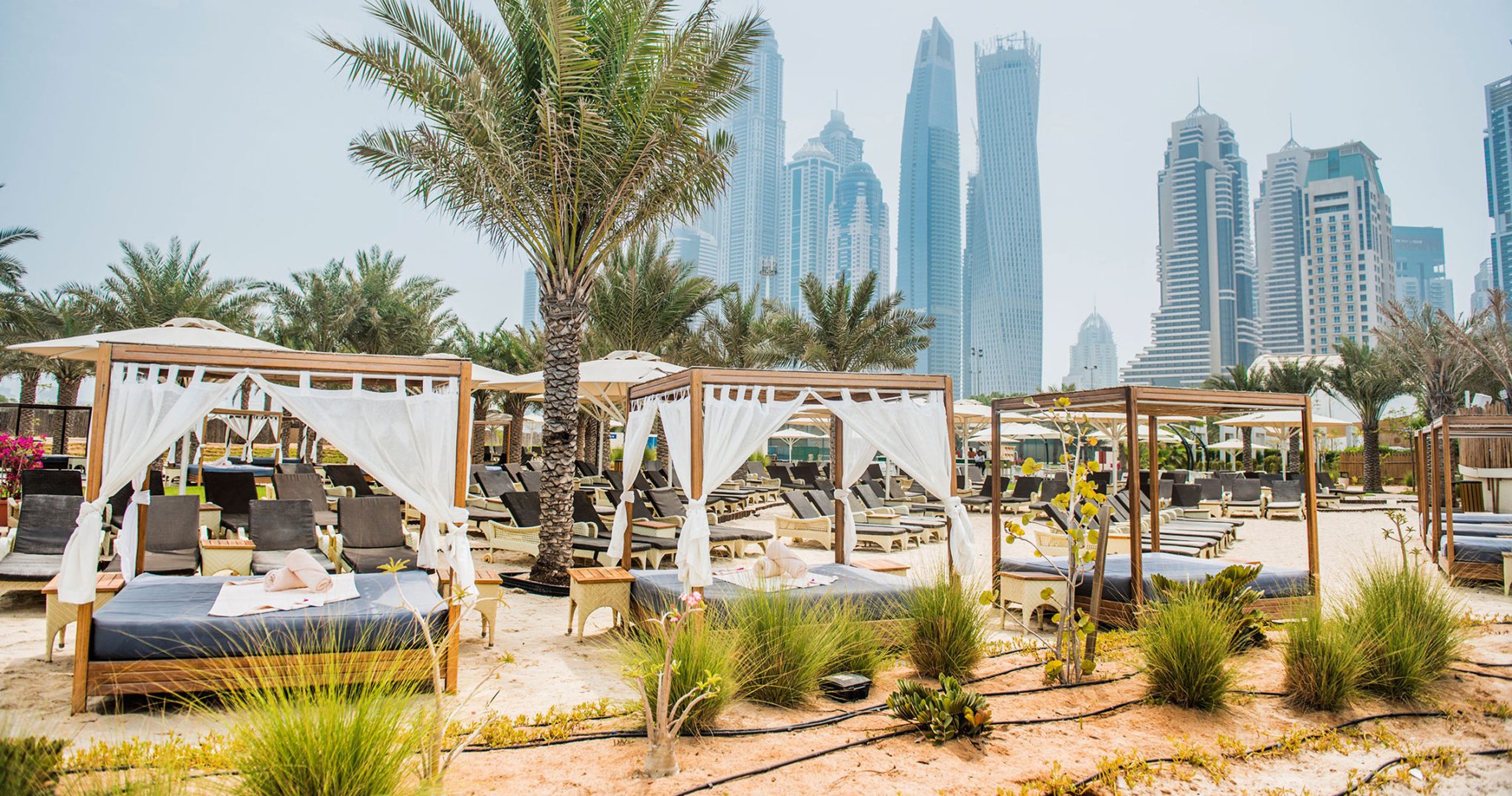 Beachside lounge area with cabanas and city skyline in the background