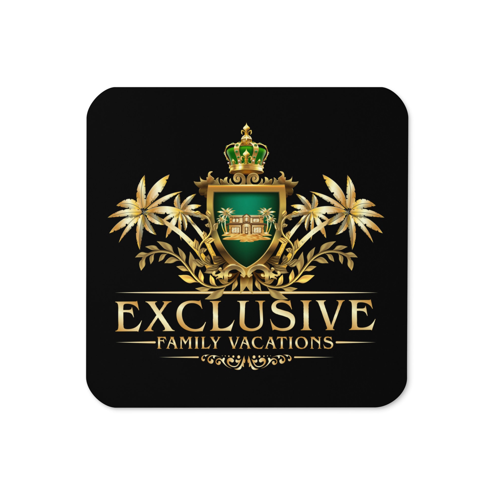 Logo for 'Exclusive Family Vacations' with gold and green design on a black coaster on a white background