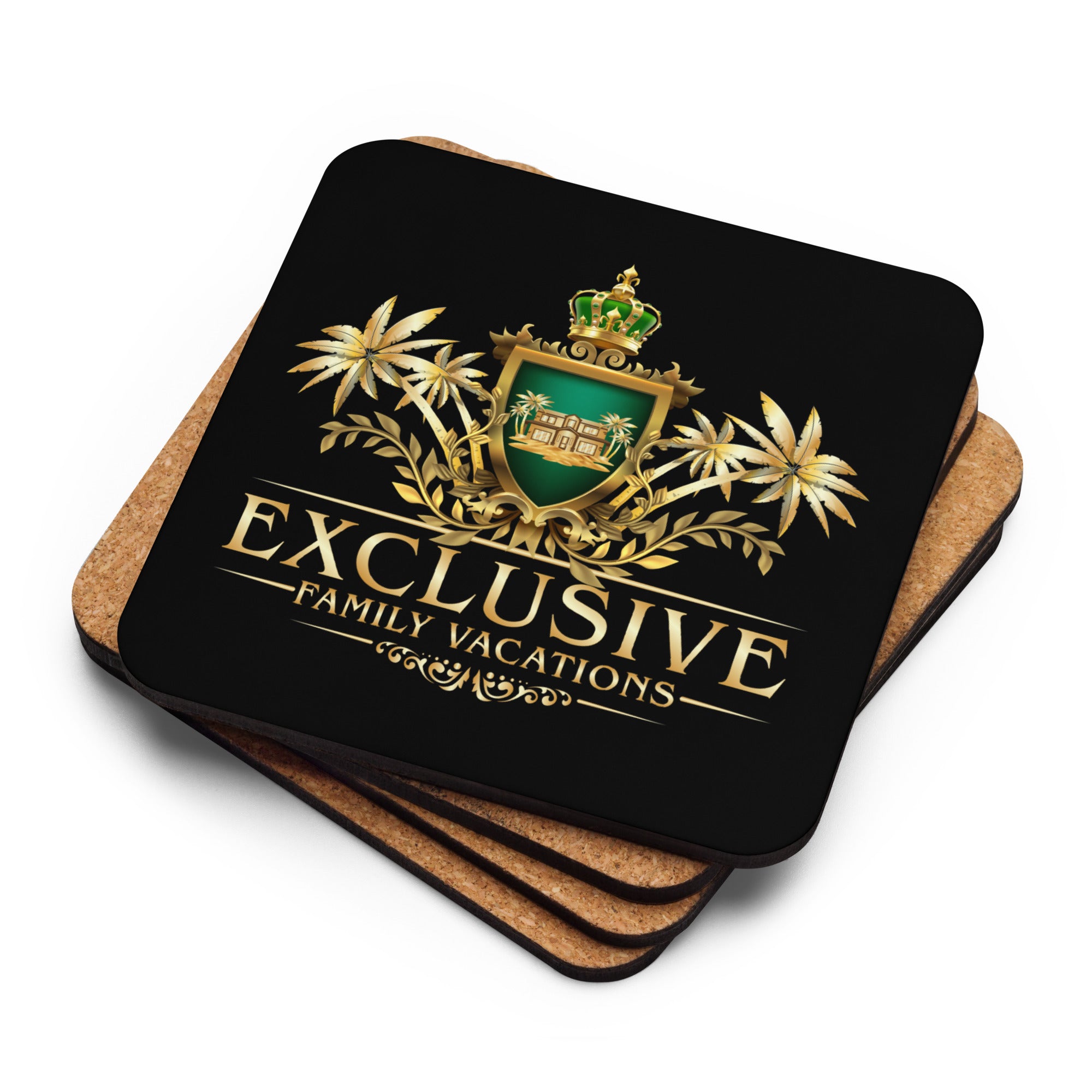 Coaster with 'Exclusive Family Vacations' design on black coaster stack with a white background