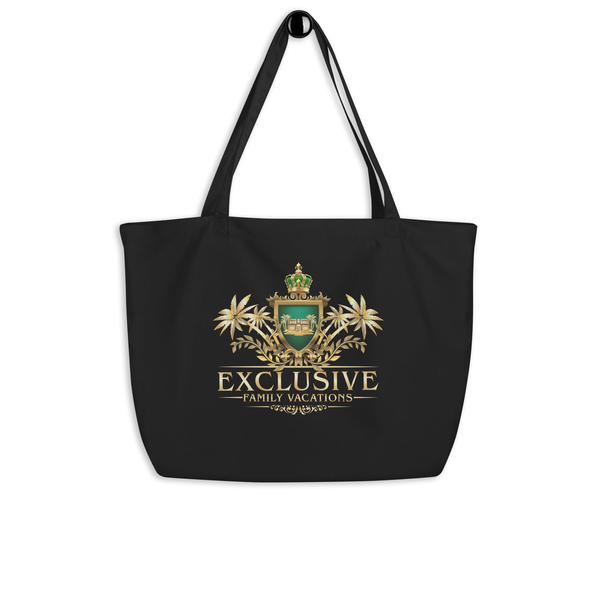 Black tote bag with gold and green logo on a white background