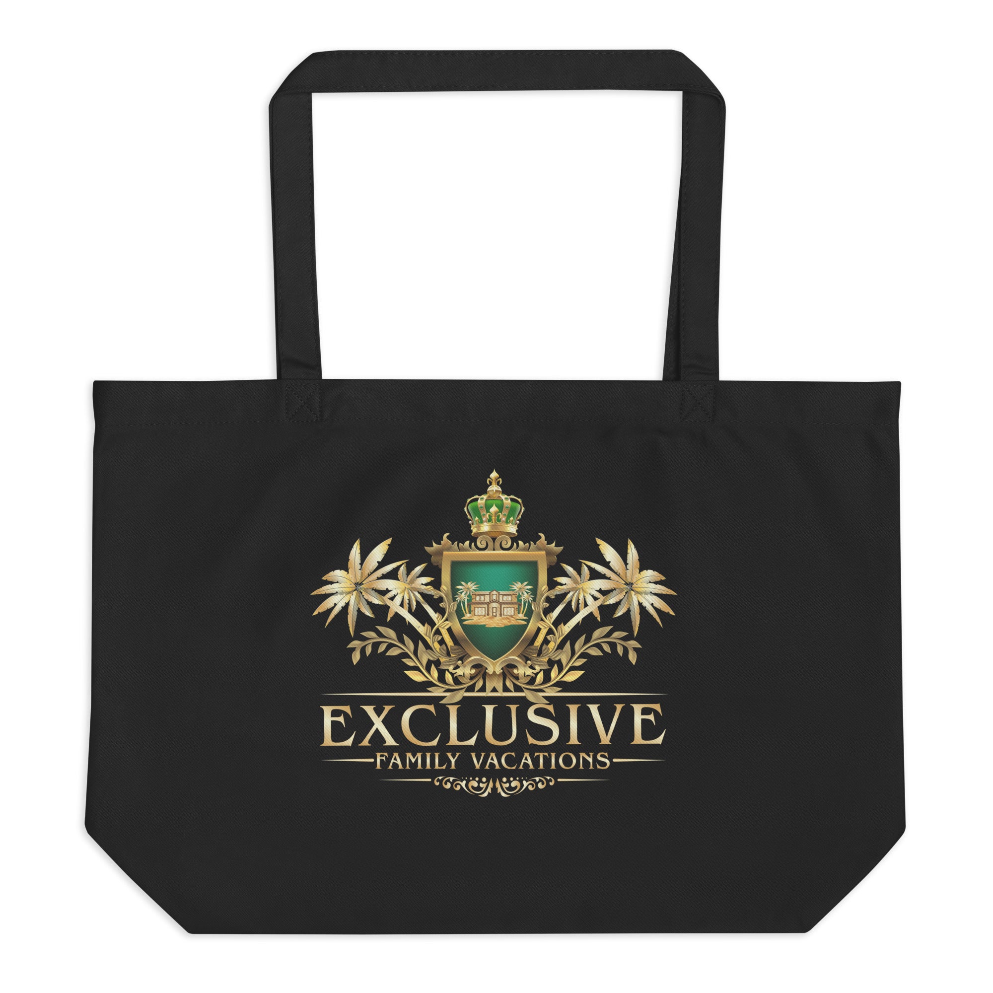 Black tote bag with 'Exclusive Family Vacations' logo on a white background