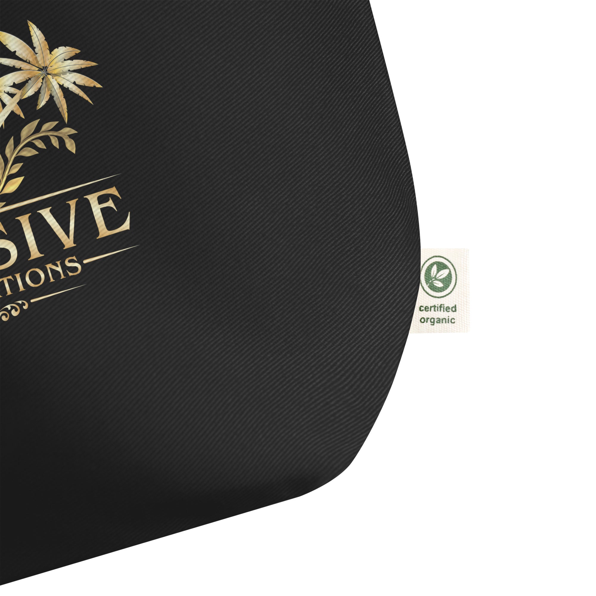 Black tote bag with gold text and a certified organic label on a white background