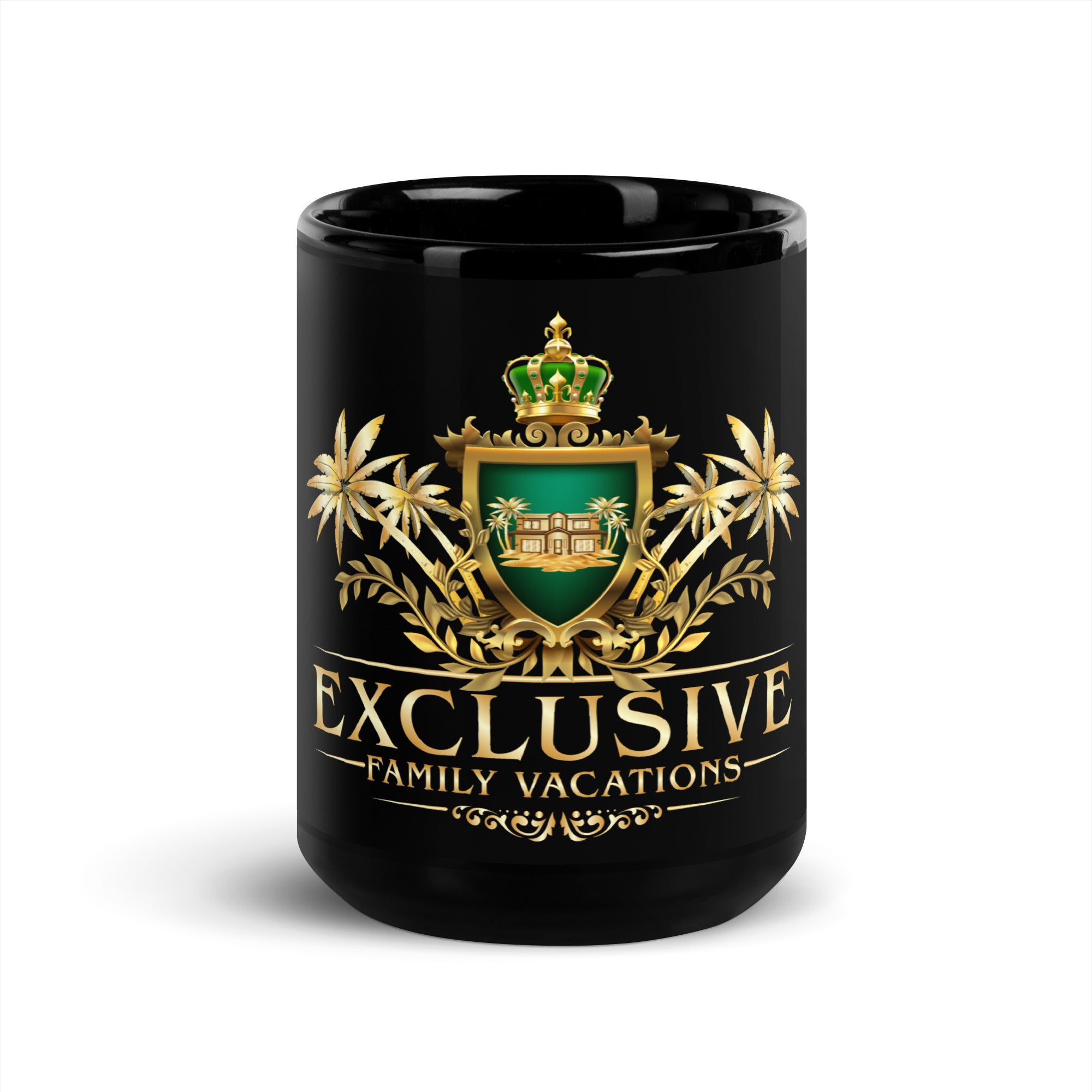 Black mug with gold and green 'Exclusive Family Vacations' logo on a white background