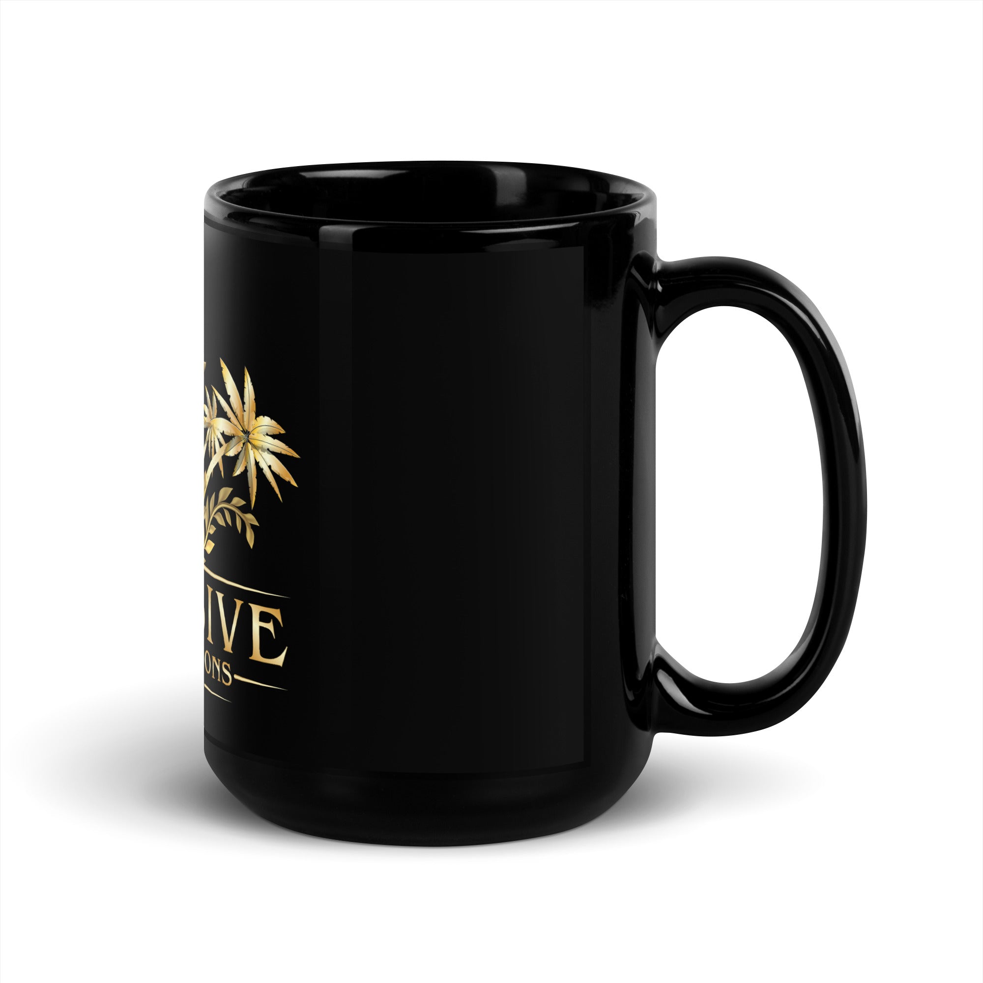 Black mug with gold design and text on a white background