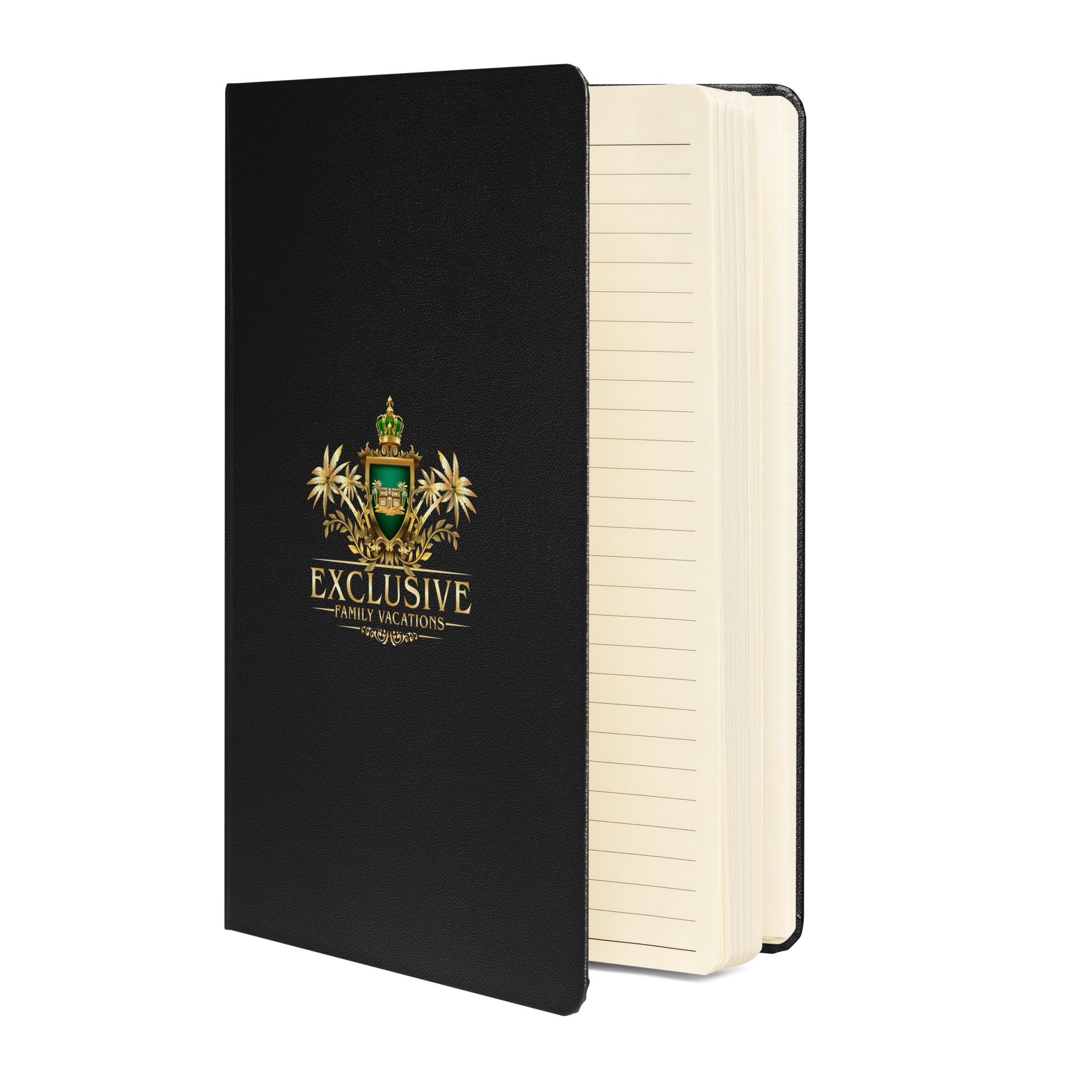Black journal with the Exclusive Family Vacations logo on a white background
