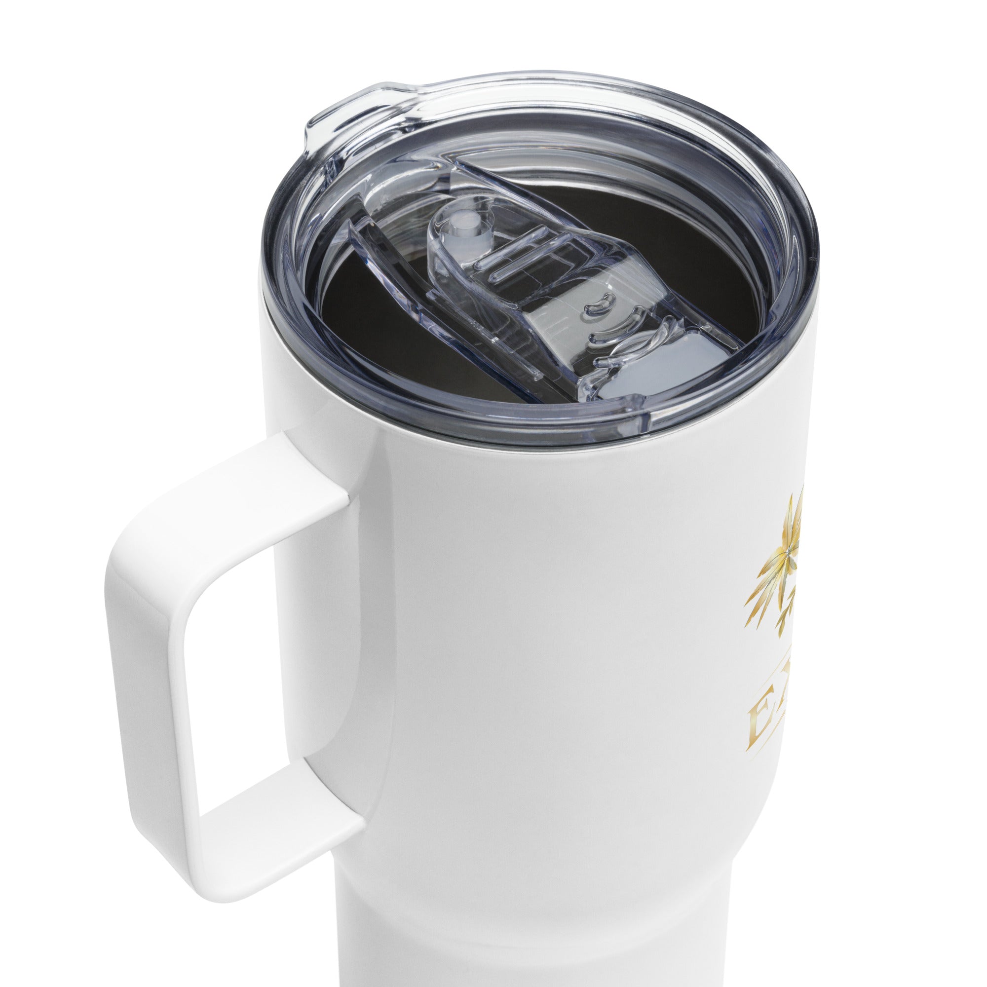 White insulated mug with a clear lid on a white background