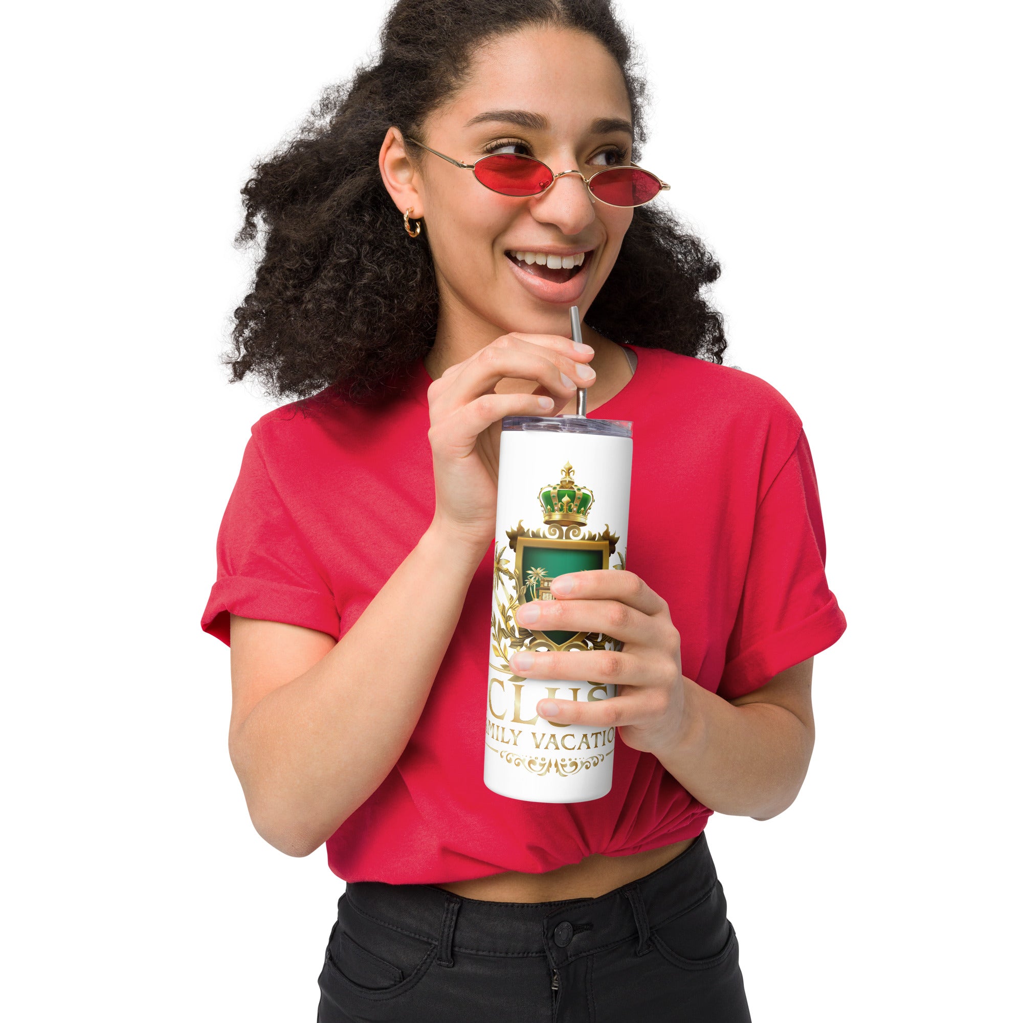 Person wearing red sunglasses and a red shirt, holding a branded tumbler with a straw.