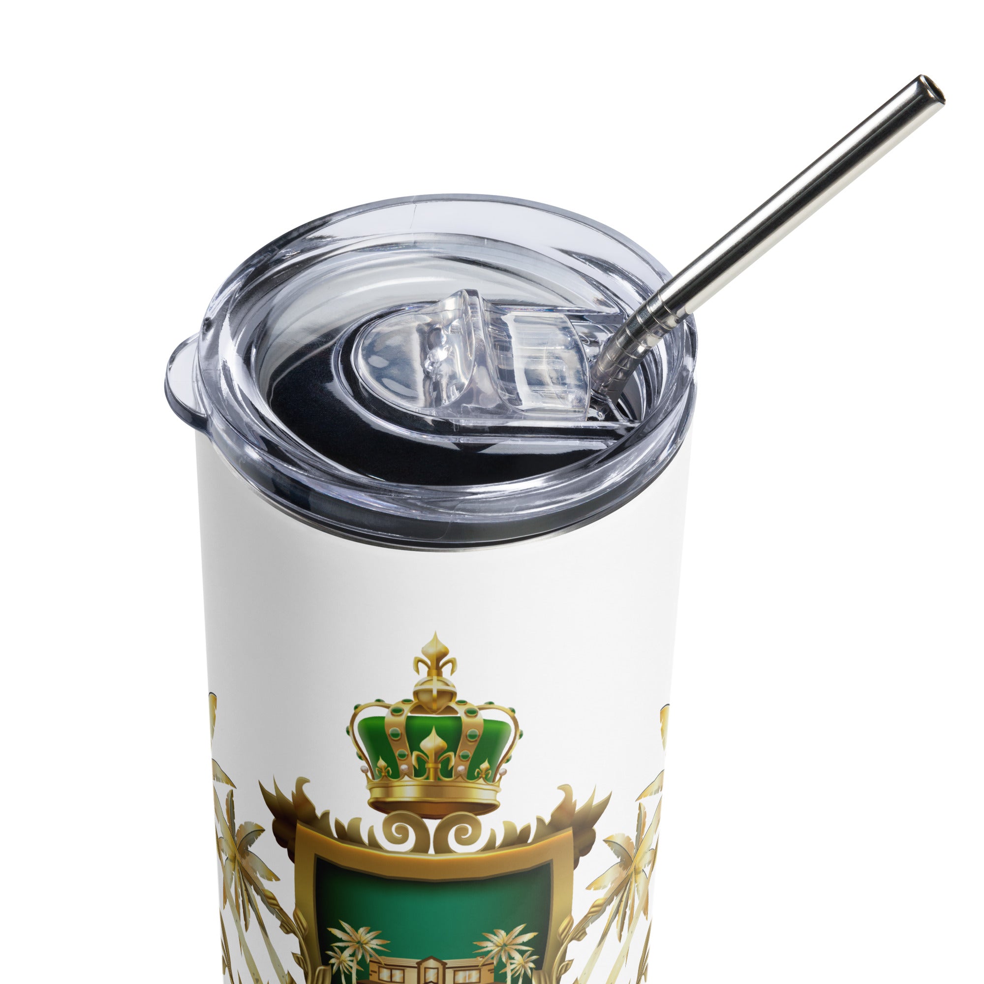 Tumbler with a gold and green logo and a metal straw on a white background