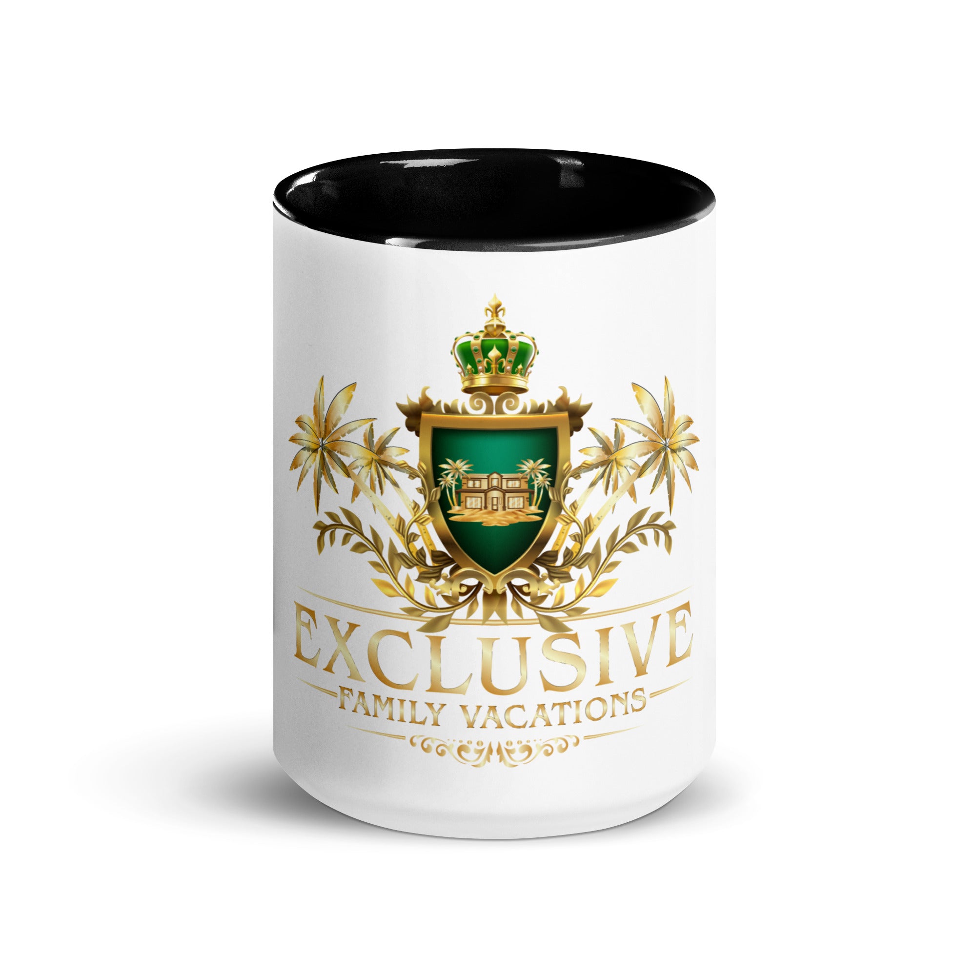 White mug with black interior, gold logo, and 'Exclusive Family Vacations' text on a white background