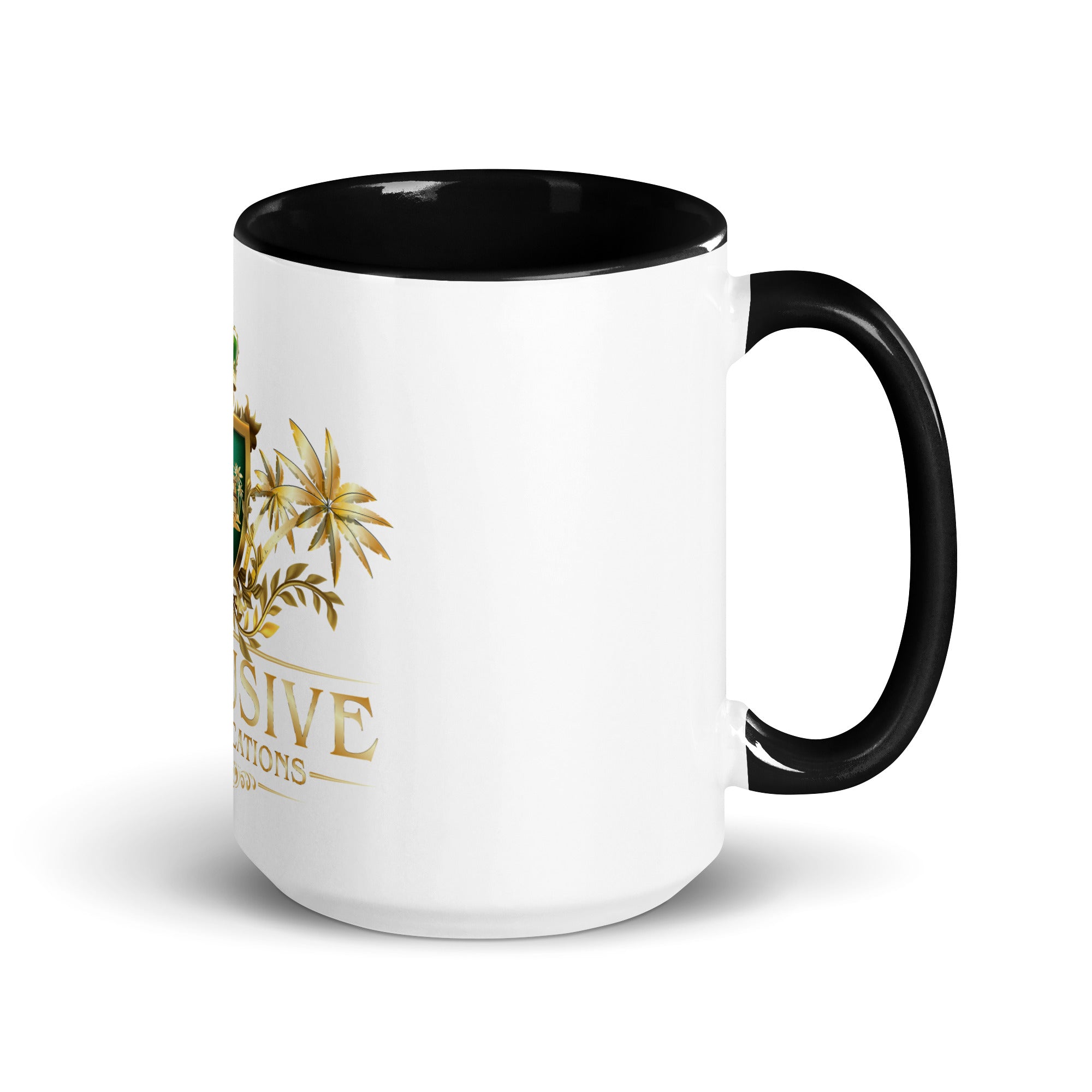 White mug with black interior and handle, featuring a gold design and text on a white background