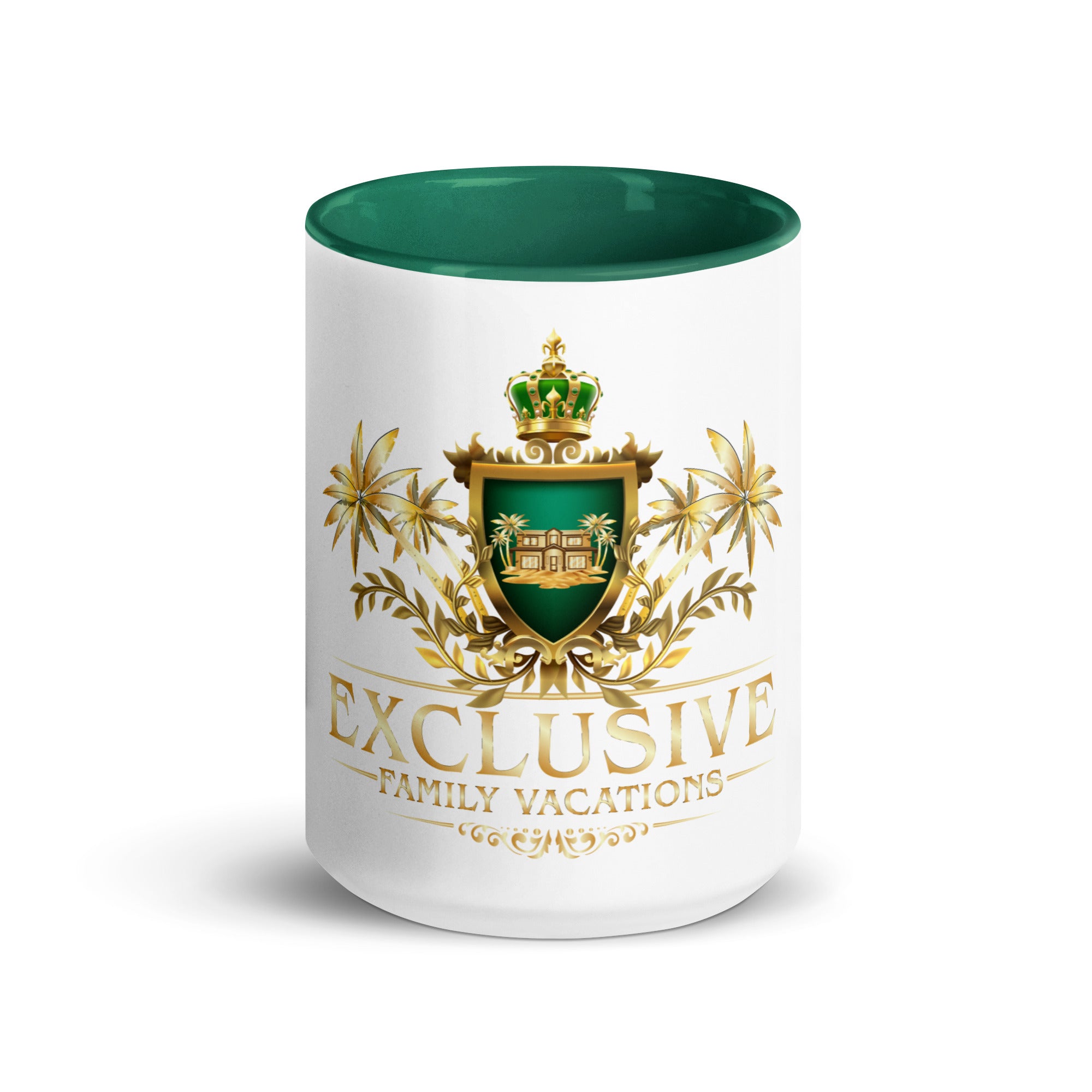 White mug with green interior, gold logo, and 'Exclusive Family Vacations' text on a white background