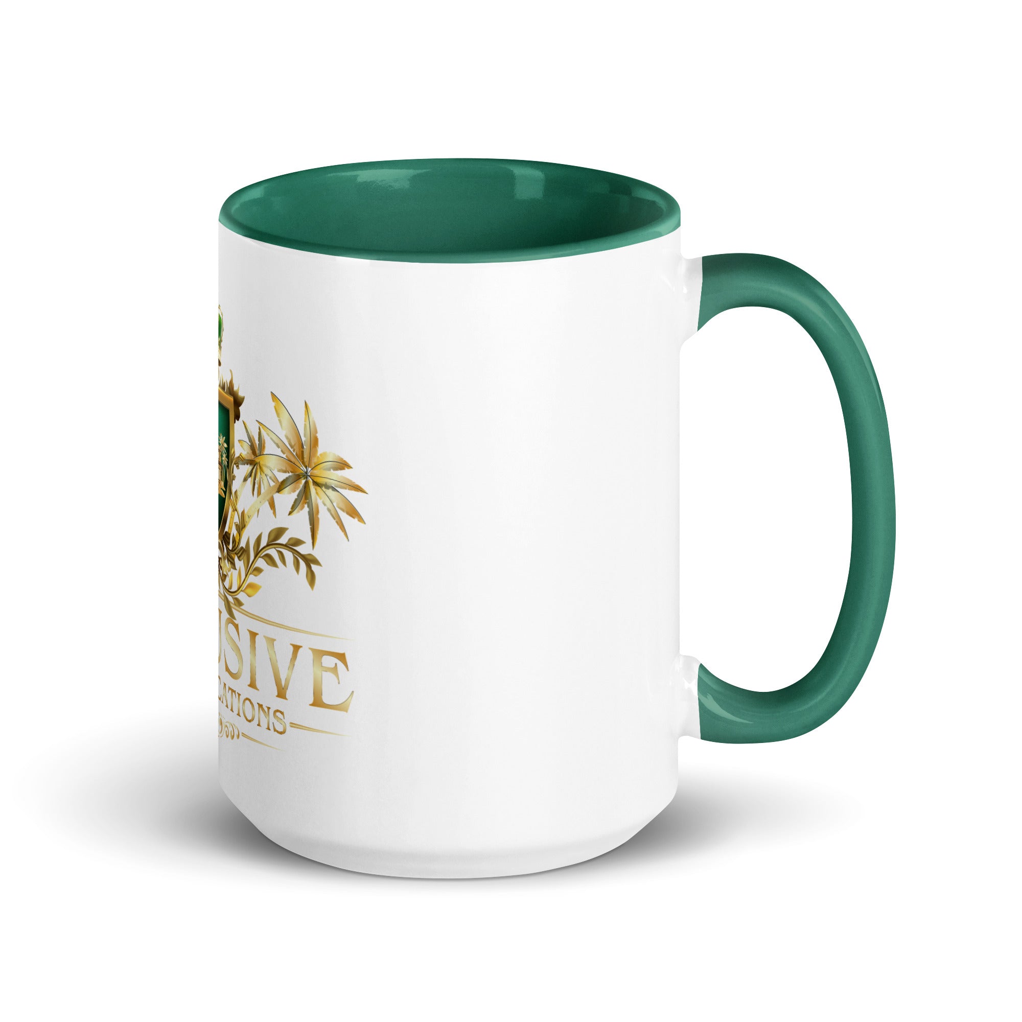 White mug with green interior and handle, featuring gold text and design on a white background
