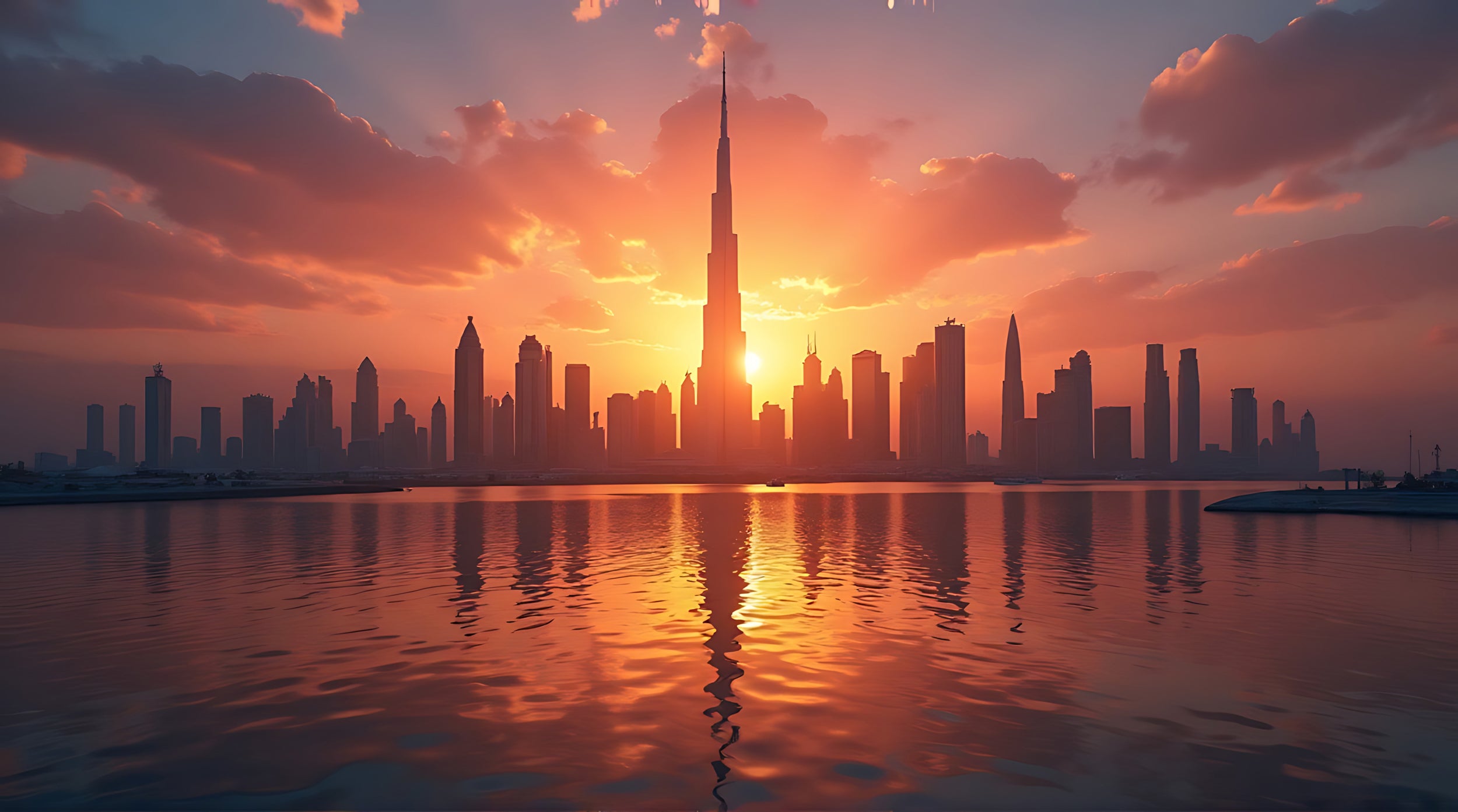 City skyline with a prominent skyscraper at sunset, reflected in water.