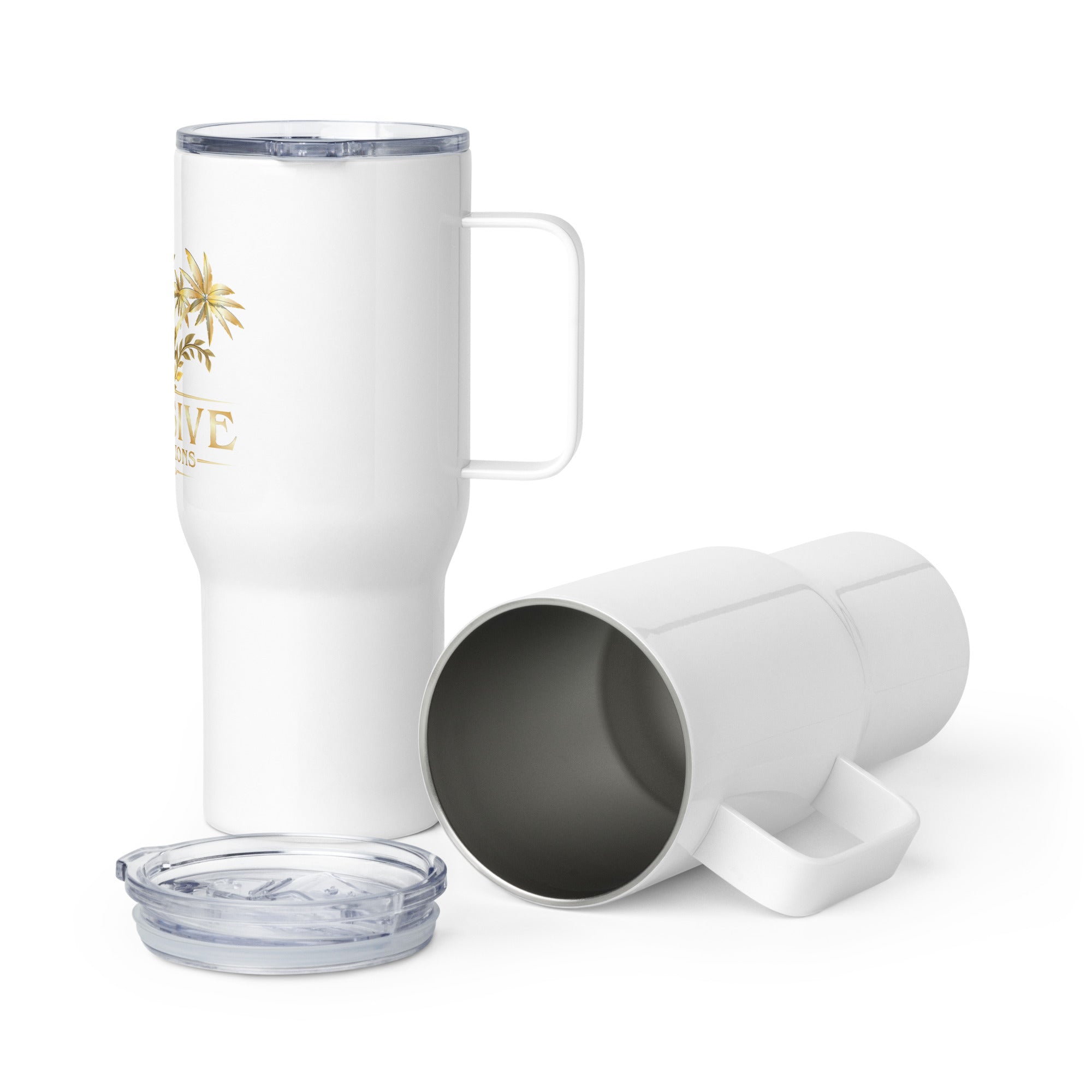 2 White insulated mugs with handle, clear lid, and logo design on a white background