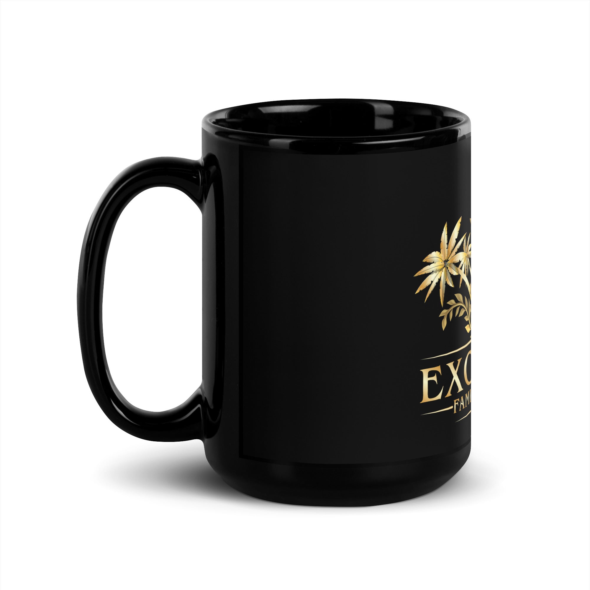 Black mug with gold logo and text on a white background