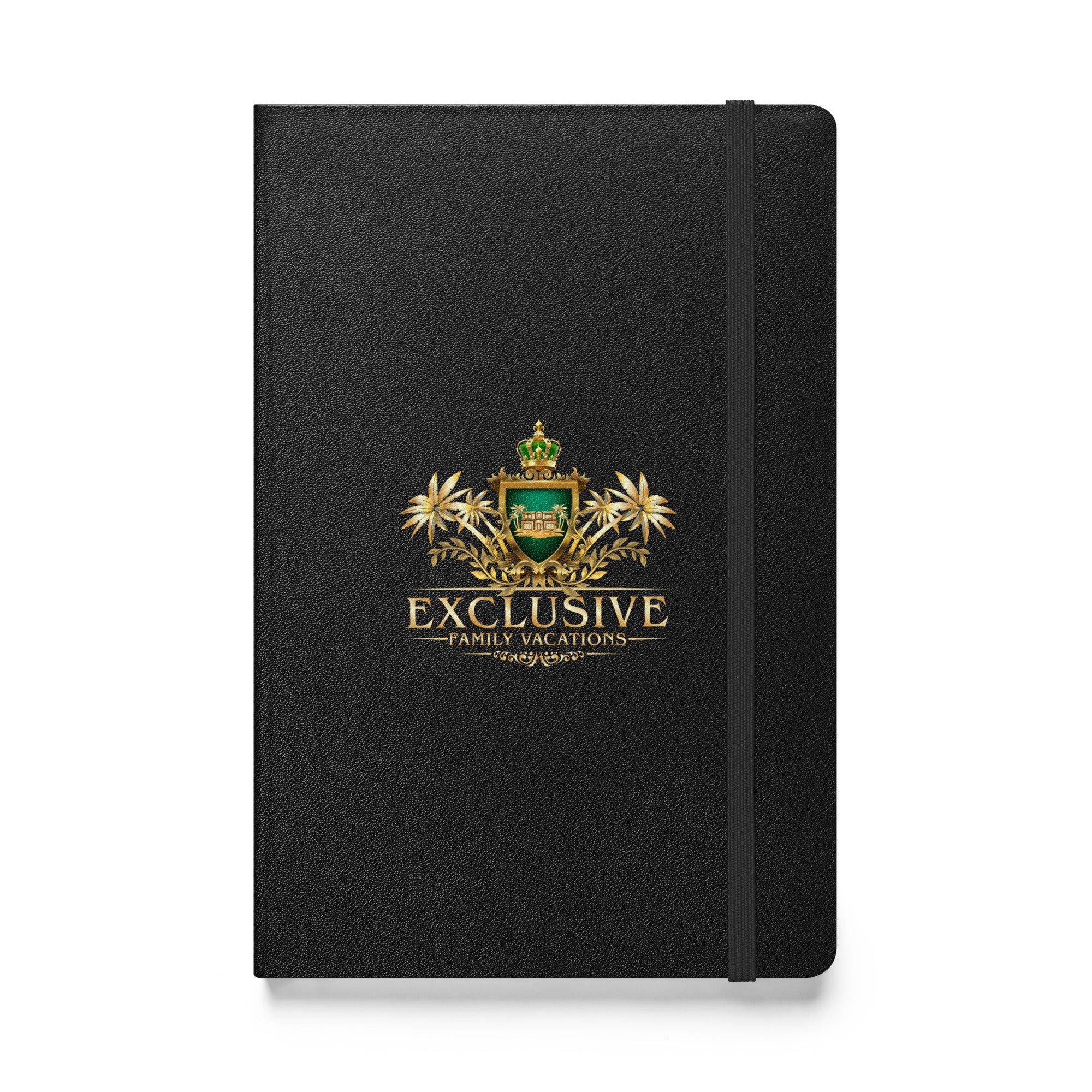 Black notebook with gold logo and text on a white background