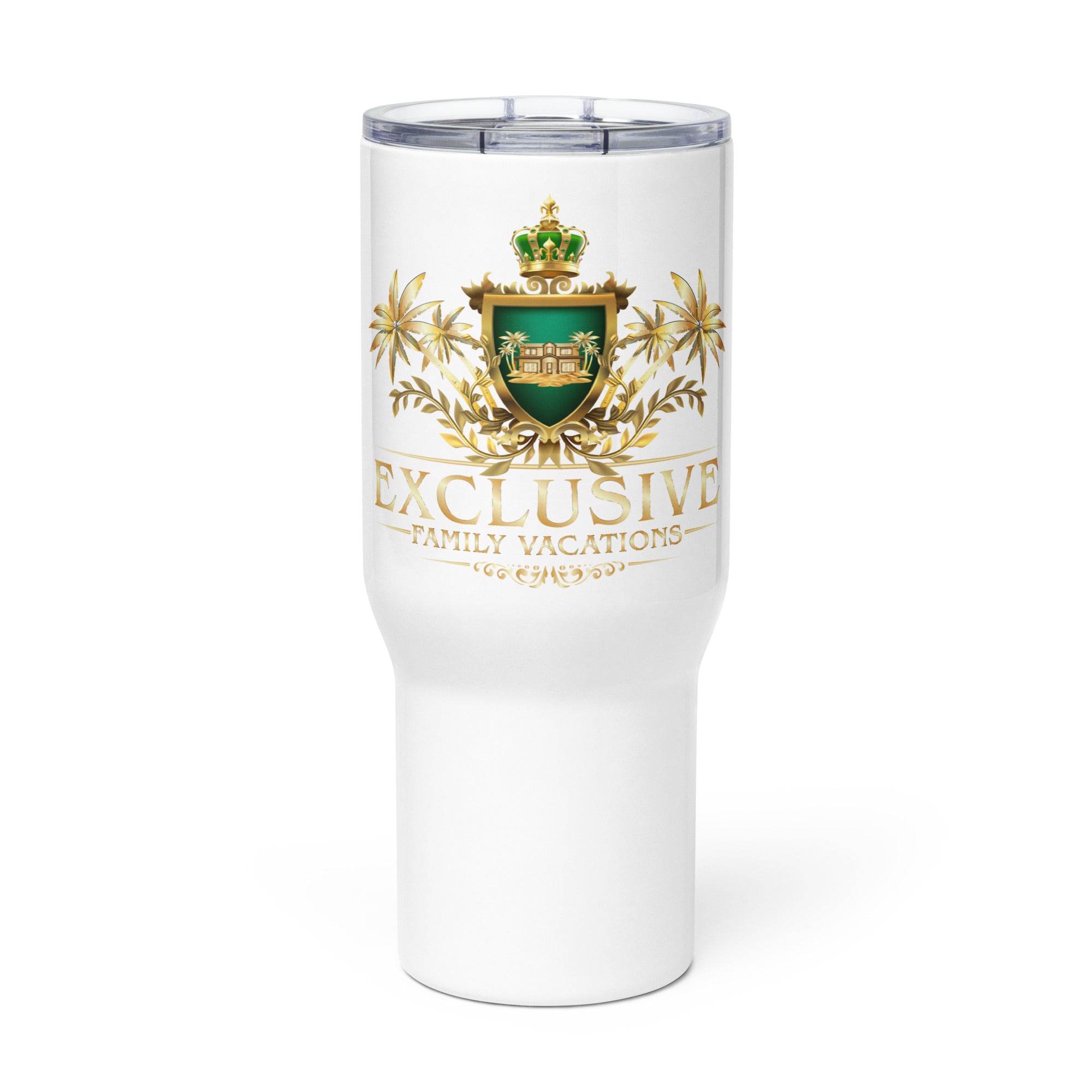White tumbler with gold and green logo and text on a white background