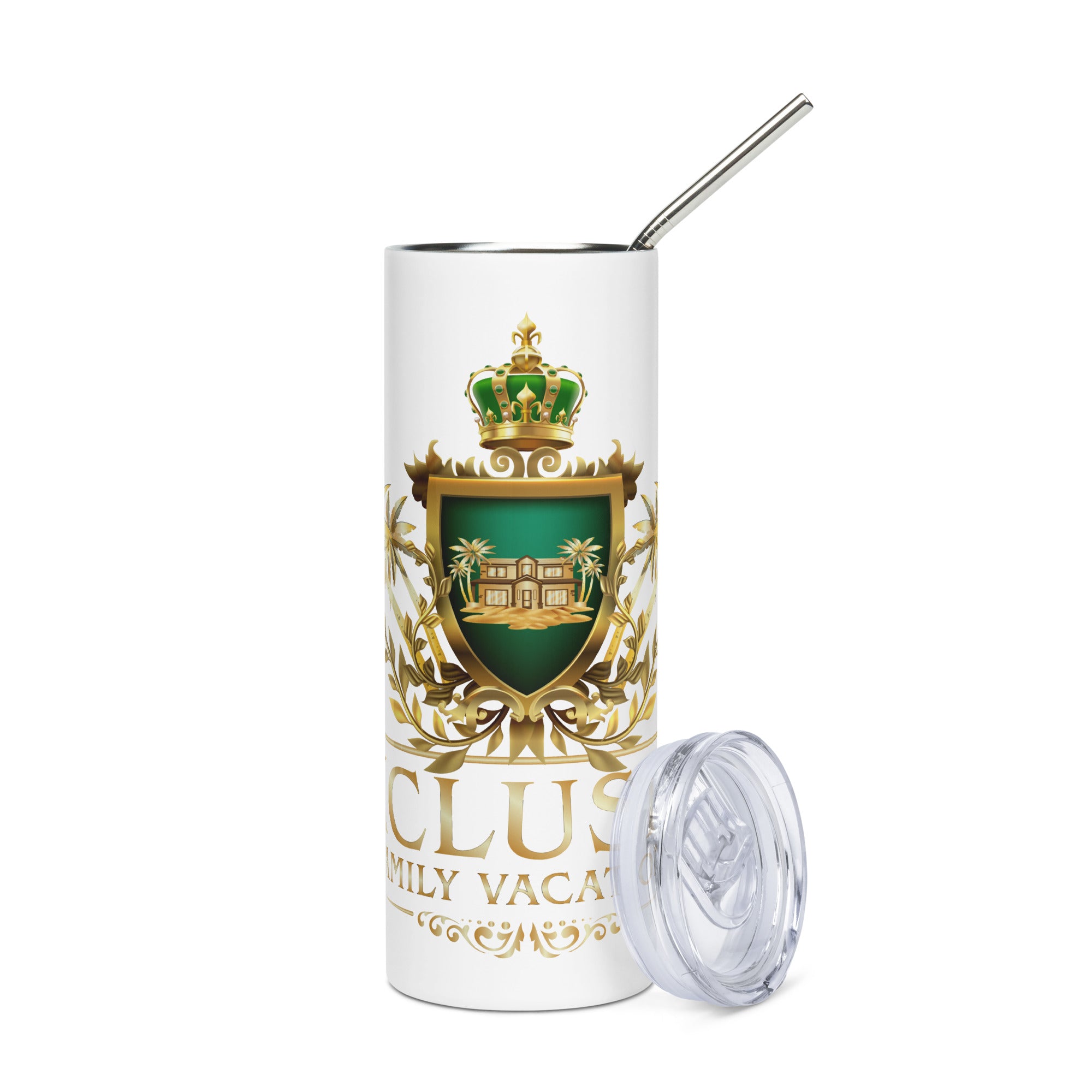 Tumbler with gold and green logo  on a white background