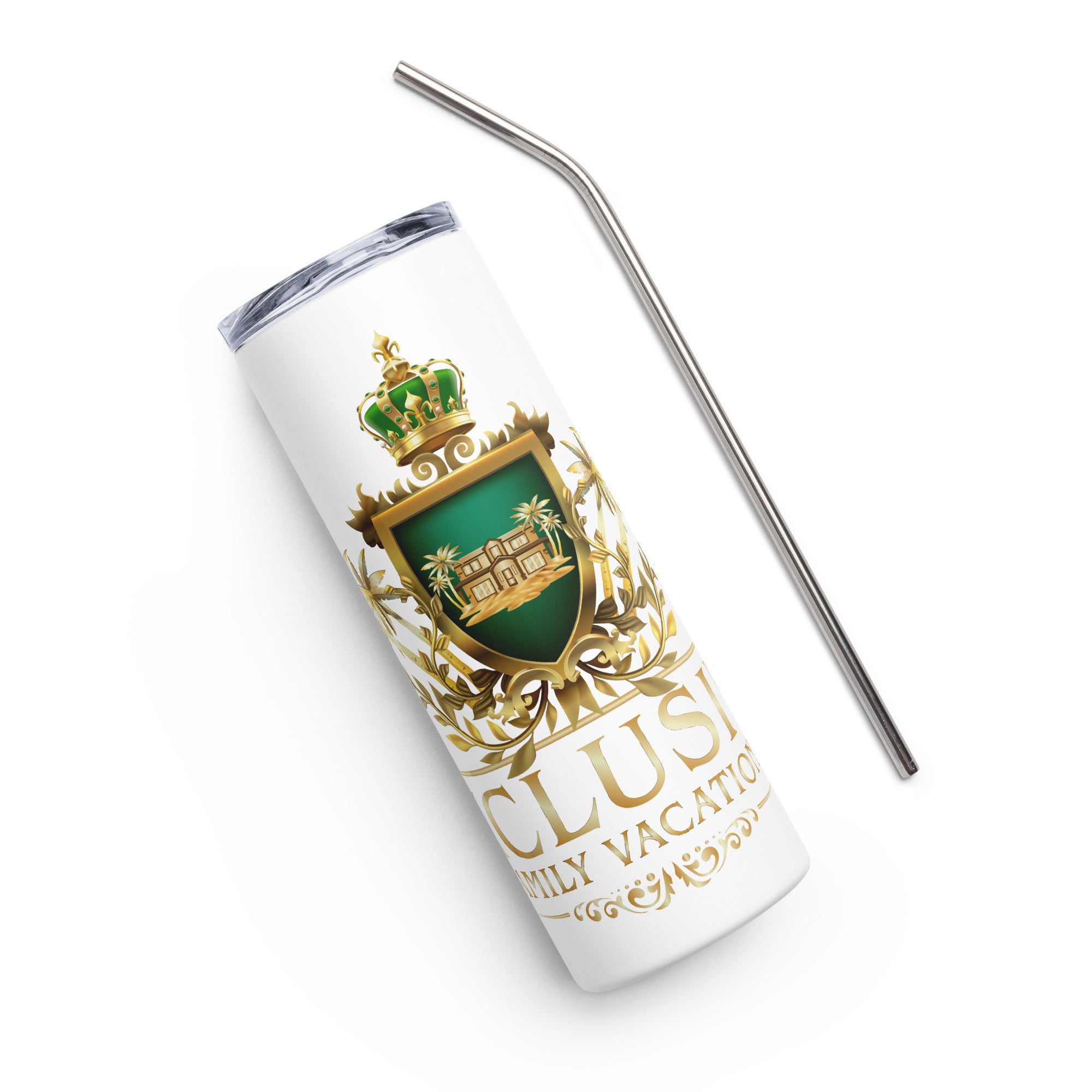 Tumbler with a gold and green logo and straw on a white background