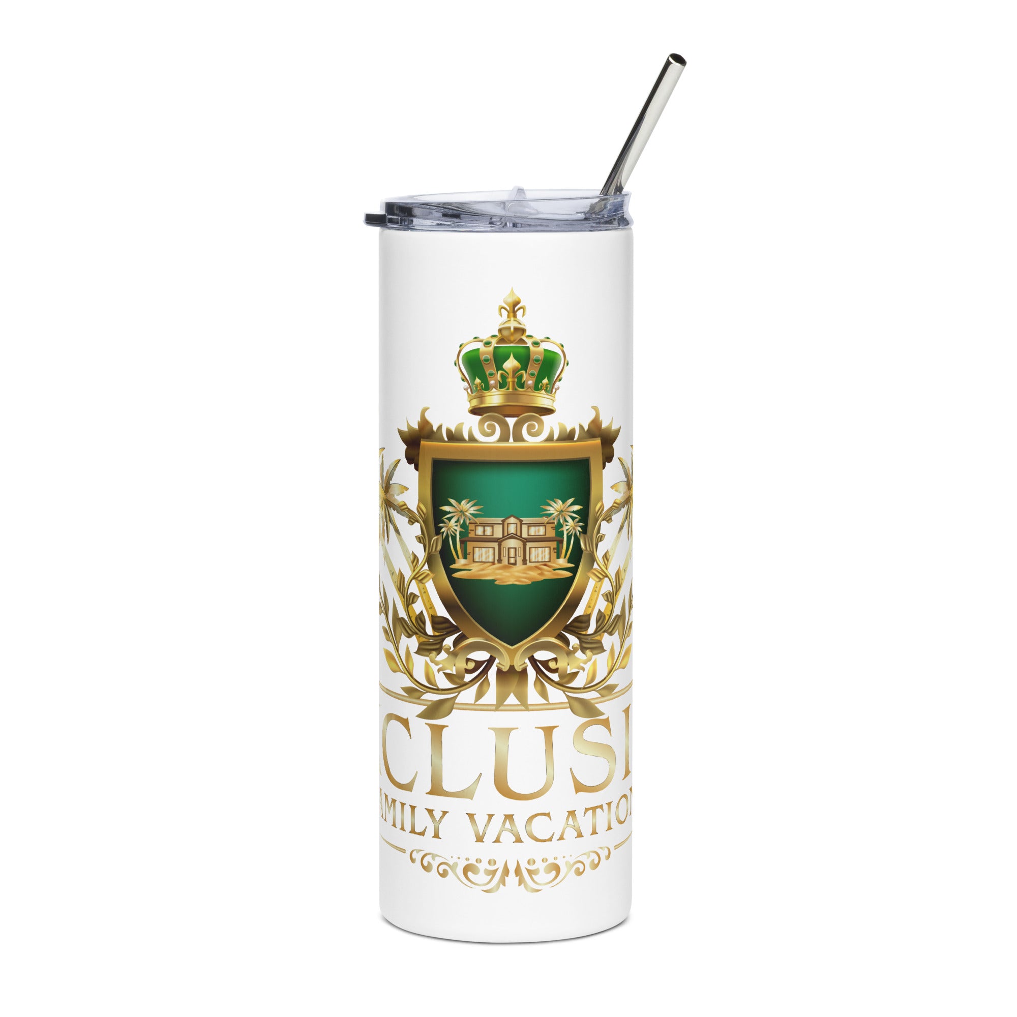 Tumbler with a green and gold logo on a white background